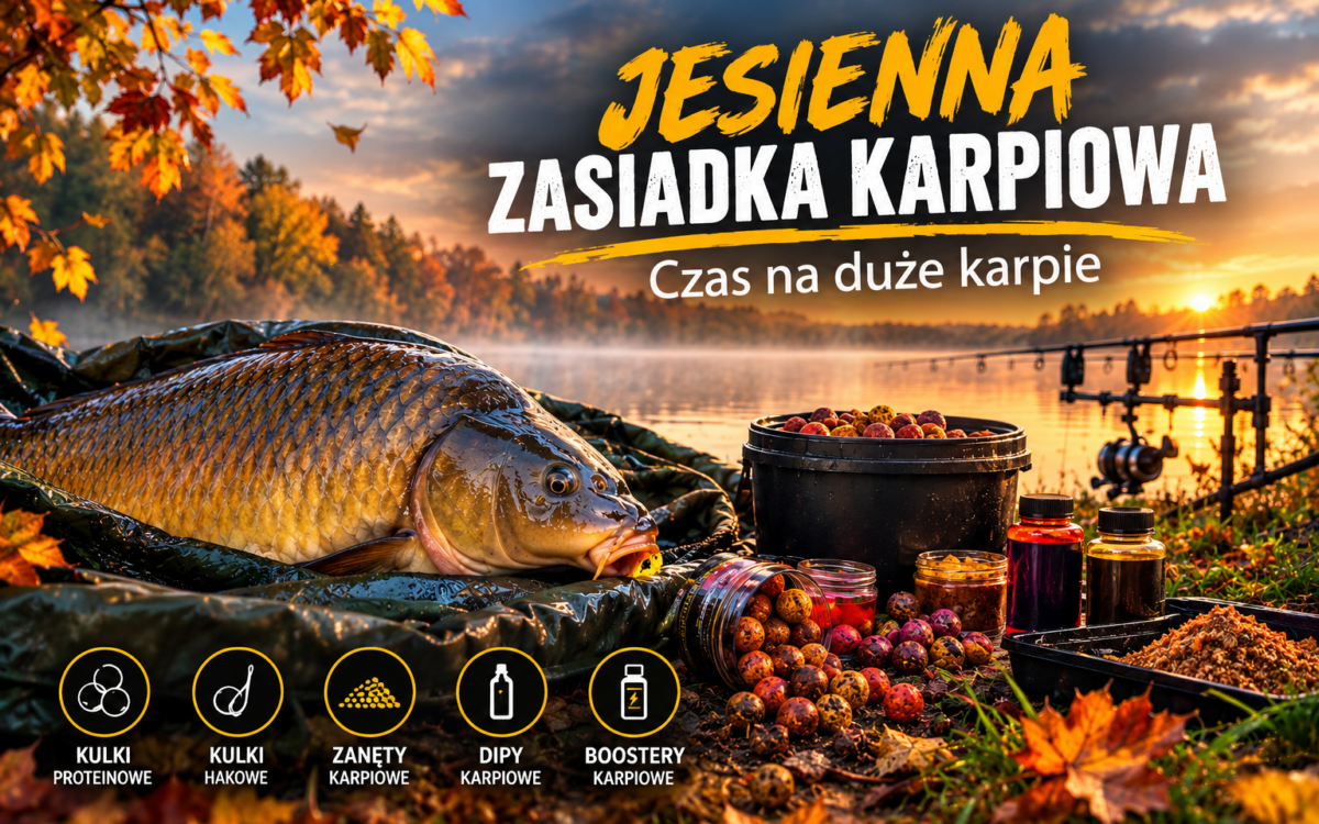 Jesienna zasiadka karpiowa – karpiarz nad wodą podczas jesiennego łowienia karpi